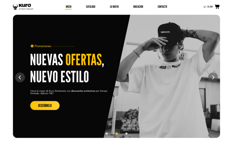 Landing page del proyecto Kuro, diseño web para marca streetwear